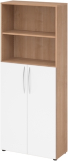 bümö Mehrzweckschrank 80cm breit, Aktenschrank o. Schuhschrank hoch, Regal Schrank-Kombi, Küchenschrank in Nussbaum/Weiß aus Holz, Vorratsschrank & Haushaltsschrank mit Metallgriffen, 4770-N-W-BM