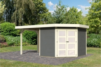 Gartenhaus Goldendorf 5, 242x246 cm mit Anbaudach 2,40 m inkl. Rückwand, 19 mm Holz terragrau, Karibu