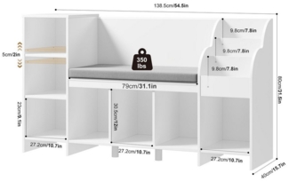 HOMECHO Spielzeugtruhe, Bücherregal Kinder mit Kissen und 7 Ablagefächern Weiß