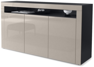 Vladon Sideboard Valencia, Kommode mit 3 Türen und 1 offenem Fach, Schwarz matt/Sandgrau Hochglanz/Sandgrau Hochglanz (155 x 92 x 40 cm)