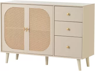 Merax Sideboard aus Holz mit 3 Schubladen und Rattan Geflechte Türen, Kommode mit Holzfüßen, Metall Bügelgriff, B:120cm