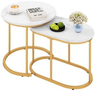 COSTWAY Couchtisch (2er Set), rund, Marmor, Beistelltisch Holz, Satztisch weiß