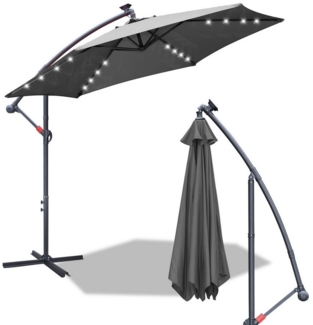 Clanmacy Sonnenschirm Sonnenschirm 350 cm Kurbel Ampelschirm mit LED & Windsicherung Grau