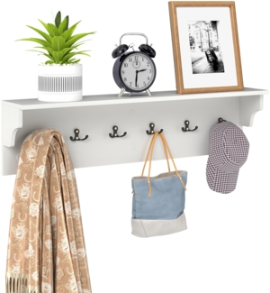 Wandhaken mit Ablage & 6 Haken Holz Garderobe Wandregal für Hüte Handtücher Taschen Weiß