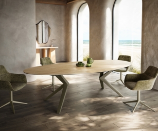 Esstisch Edge Oval 280x130 Keramik Laminam® Sabbia Eichefarbig Zenthara kantig Metall Effektfinish Titan