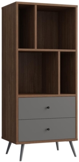 Bücherregal 60 x 40 cm MDF Grau Walnuss mit zwei Schubladen und Metallfüßen