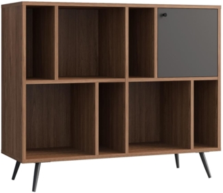 Bücherregal 118 x 40 cm MDF Grau Walnuss mit einer Tür und Metallfüßen