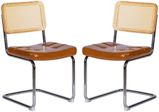 LVHOM Freischwinger 2er Set Esszimmerstuhl, Retro Küchenstuhl mit Chromgestell & Rattan-Rückenlehne, gepolsterter Kunstleder-Sitz, stapelbar, moderne Wohnzimmerstuhl, Braun