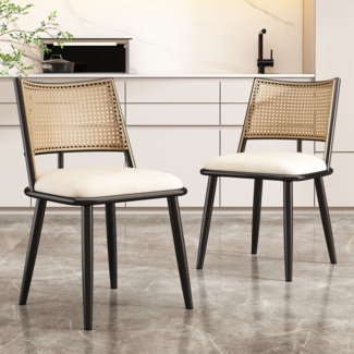 Esszimmerstuhl Set 2er, PU-Sitz mit Rattan-Rückenlehne geeignet für Wohnzimmer und Schlafzimmer, PU und Rattan, Schwarz,