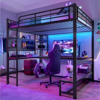 Flieks Hochbett Metallbett 140x200cm mit LED-Leiste, USB-Laden und Schreibtisch