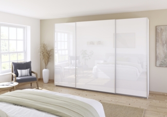 rauch Quadra, Kleiderschrank, Schiebetürenschrank, 3-türig, mit Glasfront, mit 4 Kleiderstangen und 8 Einlegeböden, Farbe Weiß/Glas Weiß, BxHxT 315x229x62cm