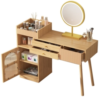 OKWISH Schminktisch Kosmetiktisch mit LED-Spiegel (3 Schubladen und Seitenschrank), Maße: B120/H90/T40 cm(ohne Hocker)