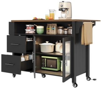 MODFU Küchenwagen Multifunktionale Kücheninsel, (Gesamtmaße (aufgeklappt): 139 x 40 x 94 cm (L x B x H) Gesamtmaße (zusammengeklappt): 139 x 65 x 94 cm (L x B x H), mit herausnehmbaren Trennwänden,mit Glasvitrine in Holzmaserung