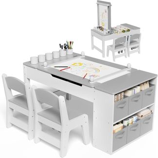 TLGREEN Kindertisch Höhenverstellbarer Kindertisch Set mit 2 Stühlen (Kindermaltisch mit Papierrolle und Stauraum), Wasserdichtes Kindertisch für Malen/Lernen/Essen(ab 3 Jahre)