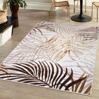 Mazovia Designteppich Modern Teppich für Wohnzimmer- Beige Creme mit Gold, 80 x 150 cm, Glänzende,Palmenzweige Feder,Modern,Höhe 10 mm,Weich,Pflegeleicht