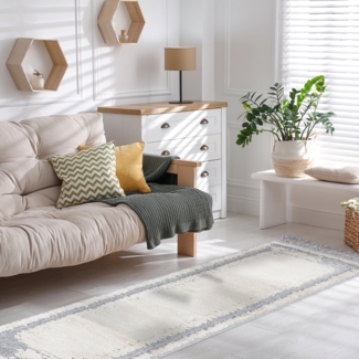 Teppich Läufer - Abstrak - 80x300cm - Creme Grau Blau - Fransen Deko Boho Flauschig - Cut & Loop Sisal - Schlafzimmer Flur Dekoration Läufer