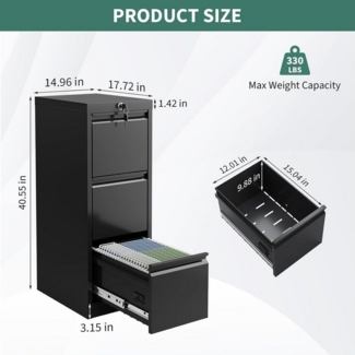 GarveeMore Aktenschrank Vertikaler Metall Aktenschrank mit 3Schubladen und Schloss,103x45x38CM für Dokumente im Format Letter/Legal/A4/F4,Stauraum-Organizer Stahl