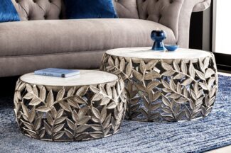 riess-ambiente Couchtisch ABSTRACT LEAF Ø70cm weiß / silber (Set, 2-St), Wohnzimmer · Marmor · Metall · rund · Blatt-Design · handmade · modern