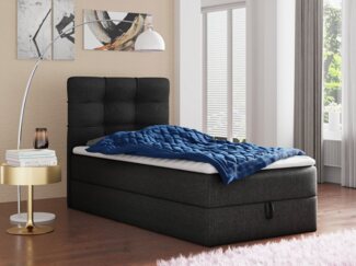 Boxspringbett Best Mini mit Bettkasten und Matratzentopper - Einzelbett mit Bonell-Matratze und Topper, Polsterbett, Bett, Schlafzimmer (Schwarz (Inari 100), 80 x 200 cm)