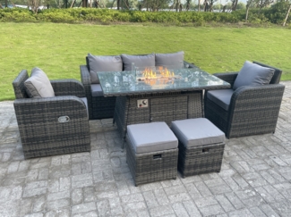 Fimous Dunkelgrau Gemischt Rattan Outdoor Gartenmöbel Gas Feuerstelle Brenner Tisch Sets Lounge Sofa Recling Stühle Fußhocker 7 Sitzer