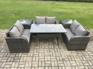 Fimous 6 Sitzer Outdoor Rattan Gartenmöbel-Set mit Terrassen Liebe Sofa Rechteckiger Esstisch 2 Beistelltischen Dunkelgrau gemischt