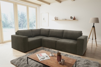 DOMO. collection Ecksofa 100017, Couch in L-Form mit Rückenkissen und Armlehnen, Sofa, Polsterecke, Eckcouch, Polsterganitur 217 x 197 x 84 cm (BxTxH), schlamm