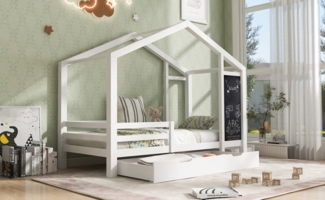 Bett 90x200 cm Hausbett mit Tafel und 2 Schubladen aus Kiefernholz, Weiß