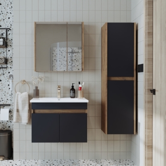 Roomart Badmöbel Set ATRIA 65 cm Unterschrank mit Waschbecken Spiegelschrank Hochschrank