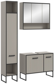welltime Badmöbel-Set Locri, Breite 125 cm, Rillenoptik, Metallkufen, (3-St), best. aus: Hochschrank, Waschbeckenunterschrank, Spiegelschrank