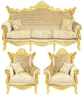 Casa Padrino Barock Wohnzimmer Set Master Creme Samtstoff / Gold - 3er Sofa + 2 Sessel - Limited Edition!