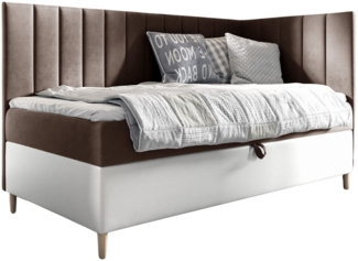 MEBLINI Kinderbett mit Bettkasten MAYA 3 90x200 Rechts – H3/Braun Samt Gepolstert Einzelbett mit Matratze - Polsterbett mit Stauraum - Bett mit Kopfteil – Stauraumbett