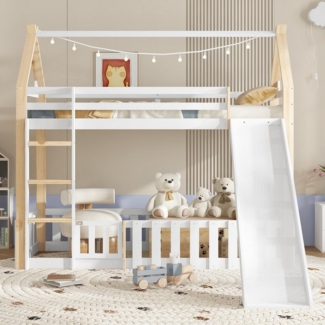 Flieks Etagenbett, Kinderbett Hausbett 90x200cm mit Rutsche, Leiter und Rausfallschutz