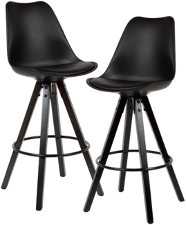 2er Set Barhocker Schwarz Kunstleder / Massivholz | Design Barstuhl Skandinavisch 2 Stück mit schwarzen Beinen | Tresenhocker mit Lehne Sitzhöhe 77 cm