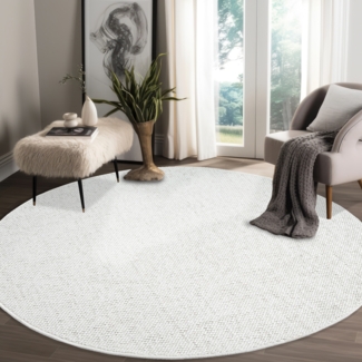 Teppich Rund - 200x200cm - Weiß Creme - Boho Style - Modern - Flachflor Wohnteppich Schlafzimmer Deko