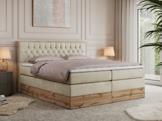 Boxspringbett AMORE KING, Doppelbett mit Multipocket-Matratze, Polsterbett mit Kopfstütze - 200 x 200 cm - Beige Velvet - H4