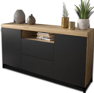 Domando Sideboard Ravello M2 Modern für Wohnzimmer Breite 164cm, Push-to-open-System, hohe schwarze Füße in Wotan Eiche und Schwarz Matt