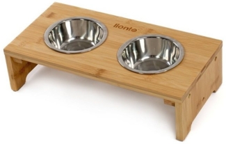 lionto Futternapf Erhöhte Futterstation aus Bambus, Edelstahl, 40 x 20 x 10 cm