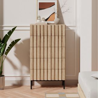 UEV Kommode schmal mit 4/5 Schublanden Sideboard Beistellschrank Buffet (Aufbewahrungskommode, Mehrzweckschrank aus Holz(Natur/Schwarz/Dunkelbraun), Schrank für Wohnzimmer,Schlafzimmer,Flur