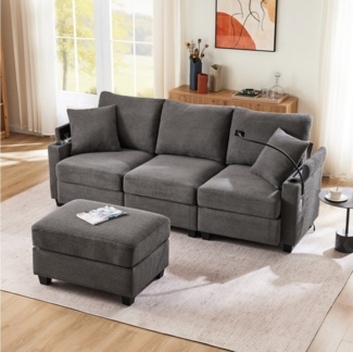 Merax Ecksofa L-förmiges modulares Sofa mit Schlaffunktion, USB und Type C, mit 2 Kissen, geeignet für Wohnzimmer/Büro/Wohnung 1 Teile, L-Form 3-Sitzer-Sofa mit Fußhocker, Getränkehalter & Armlehnenablage