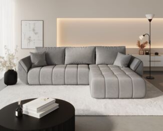 Ecksofa Schlafsofa MISATO Stoff Monolith Hellgrau Ottomane Rechts