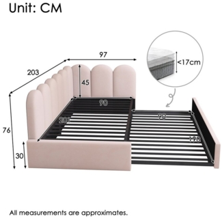 Celya Polsterbett Daybett 90x200cm,Tagesbett Schlafsofa mit Ausziehbett 90x190cm (Rosa, ohne Matratze), Kinderbett mit Lattenrost, Samt