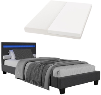 Juskys 'Verona' Polsterbett mit LED-Beleuchtung, Kunstleder, Grau, 90x200 cm, mit Matratze