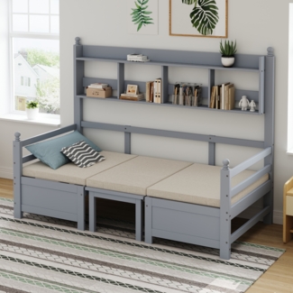 Merax Daybett Multifunktionales Massivholz Schlafsofa 200x90 cm, 2-in-1 Bett und Schreibtisch, Frei Umbaubar, Mit Bücherregal Zur Aufbewahrung, Mit Bequemen Kissen, Gästebett Einzelholzbett, Grau