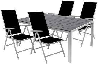 5tlg Gartenmöbel Set Alu Non-Wood 180x90x74cm + 4 Klappstühle Silber