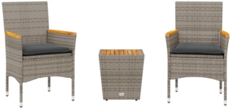 vidaXL 3-tlg. Bistro-Set mit Kissen Grau Poly Rattan und Glas 3278746