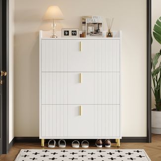 Merax Schuhschrank mit 3 Klappen, verstellbaren Regalen und Ablage (1-St) Schuhregal Schuhkommode mit goldenen Akzenten, mattweiß