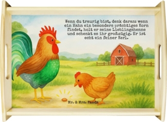Mr. & Mrs. Panda Tablett Hahn Korn Design, Holztablett, Weiß, Hoftiere, Landwirtin, Frühstücks, Echtholz lasiert, (Packung, 1-tlg), Holztablett Tablett Küchentablett