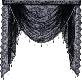 Kaket Vorhang Blumen Vintage Deko Vorhang, halbtransparente Spitzenvorhänge, Satin-Panels mit kurzen Vorhängen, mit Perlenquasten