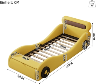 Merax 90x200cm Einzelbett, Kinderbett, Jugendbett, Polsterbett in Form eines Autos mit leuchtenden Rädern und Stauraum, PU, Gelb