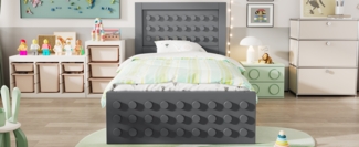 Kinderbett 90x200 cm, MDF & Massivholz, kreatives Blockdesign, große Schublade & Stauraum, sichere Lattenrost-Konstruktion, Grau